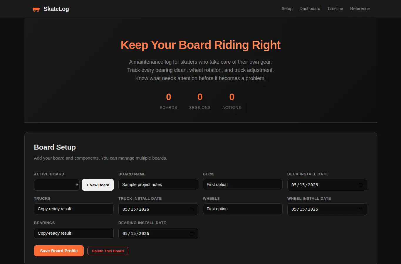 Screenshot of DIY Skateboard Maintenance Log interface showing the project page in use